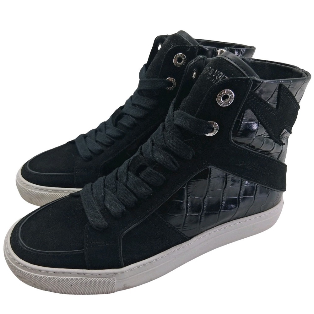 Zadig & Voltaire Shoes Womens Size 7.5 Black Leather High Top Zip Croc Sneakers